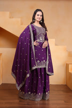 Prazu Fashion Purple Crepe Silk Embroidered Sharara Suit | Grocsy