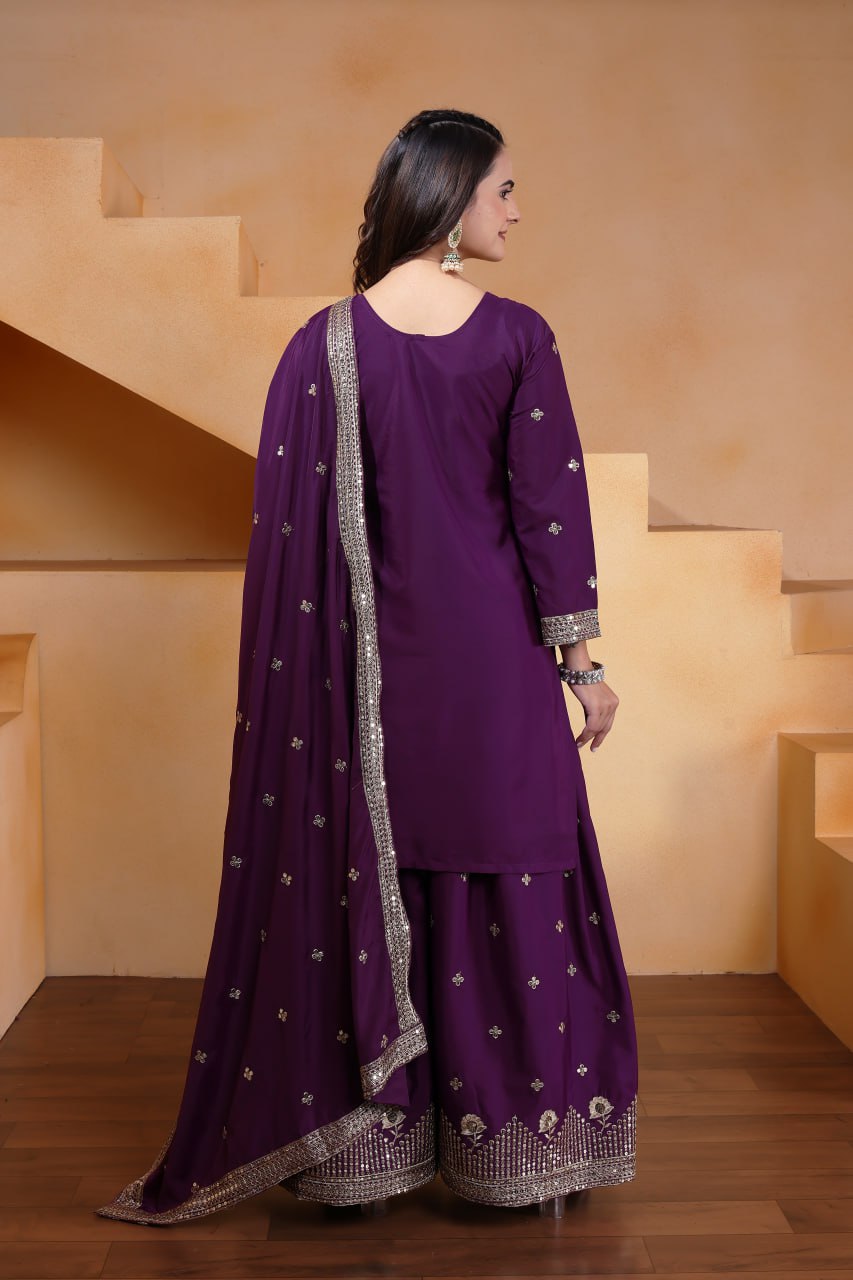 Prazu Fashion Purple Crepe Silk Embroidered Sharara Suit | Grocsy