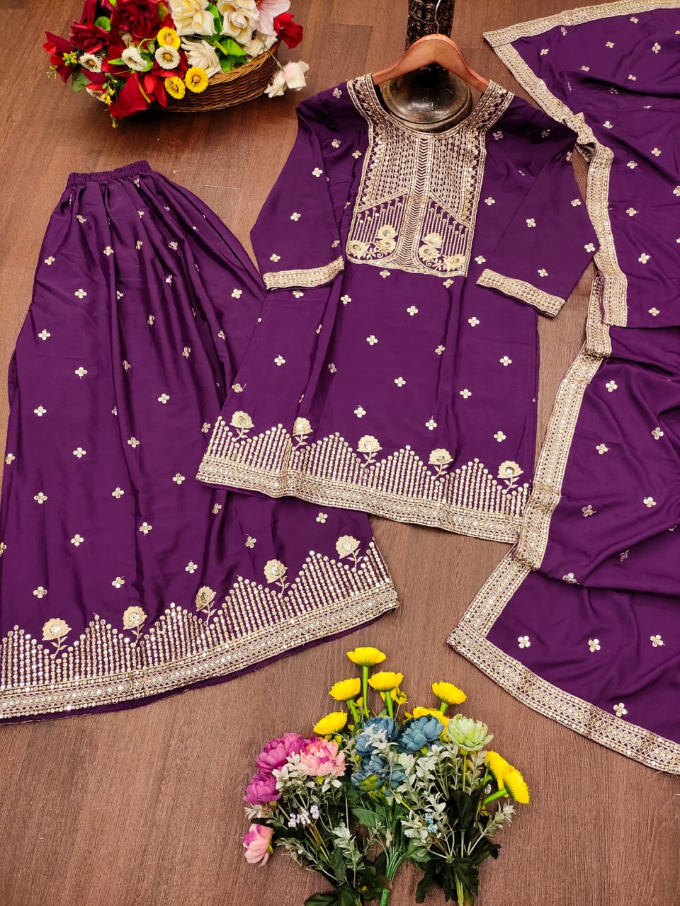 Prazu Fashion Purple Crepe Silk Embroidered Sharara Suit | Grocsy