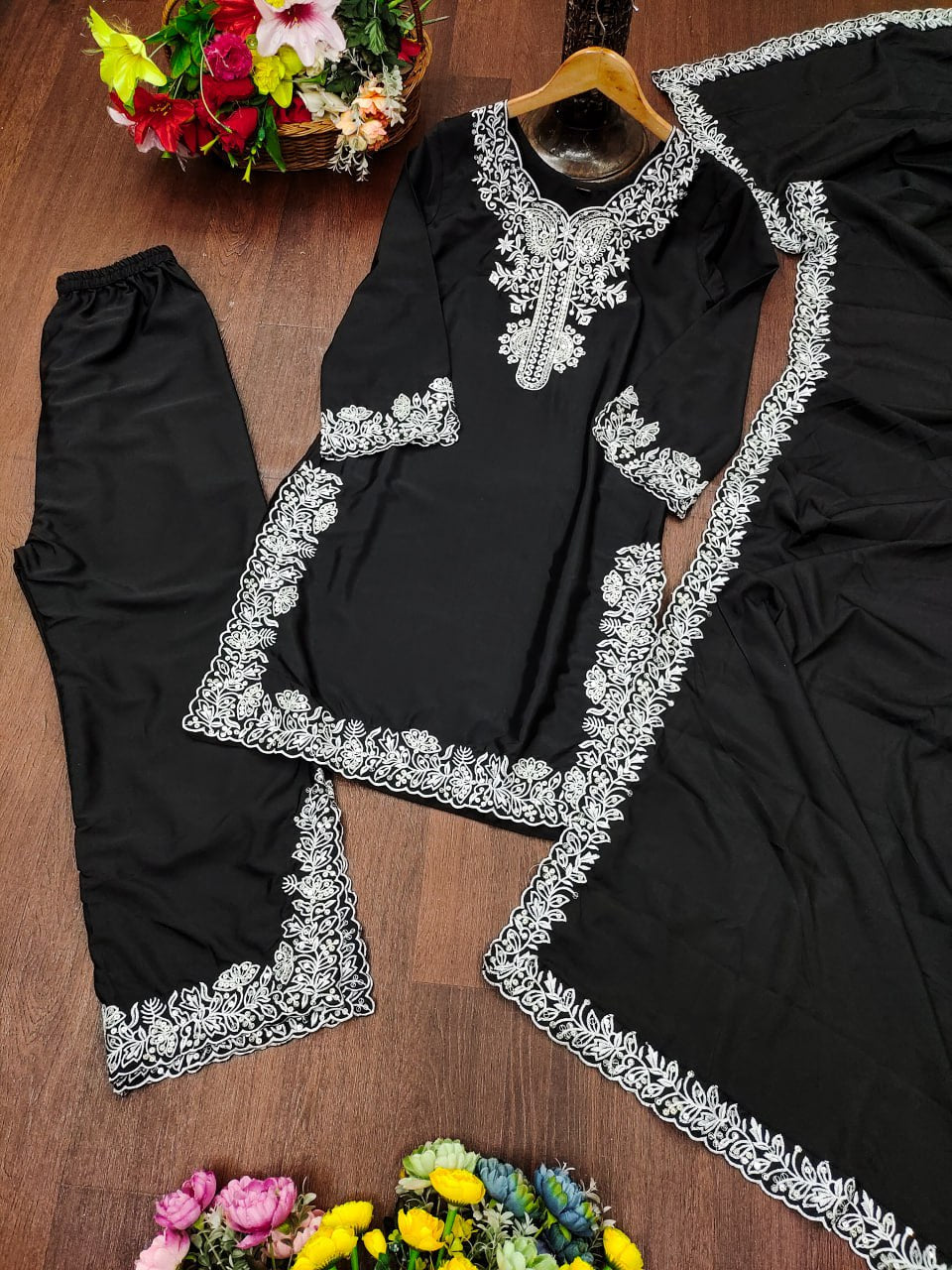 Prazu Fashion Black Crepe Silk Embroidered Palazzo Suit | Grocsy