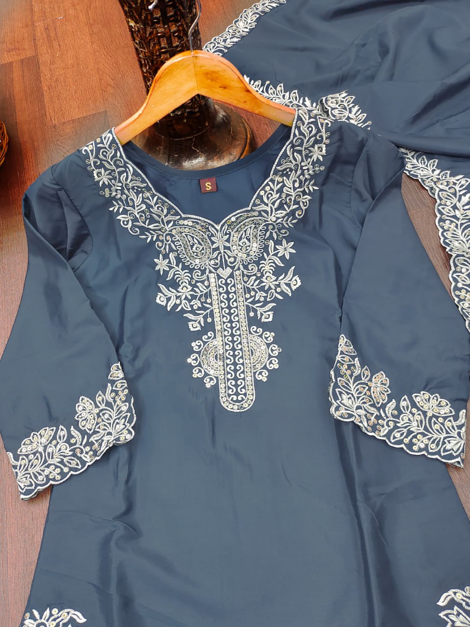 Prazu Fashion Dark Sky Blue Crepe Silk Embroidered Palazzo Suit | Grocsy