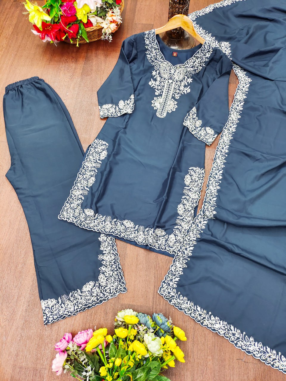 Prazu Fashion Dark Sky Blue Crepe Silk Embroidered Palazzo Suit | Grocsy