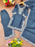 Prazu Fashion Dark Sky Blue Crepe Silk Embroidered Palazzo Suit | Grocsy