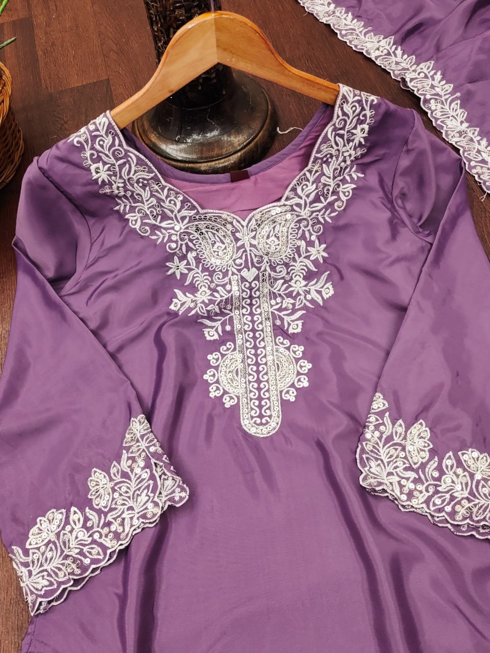 Prazu Fashion Light Lavender Crepe Silk Embroidered Palazzo Suit | Grocsy