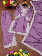 Prazu Fashion Light Lavender Crepe Silk Embroidered Palazzo Suit | Grocsy