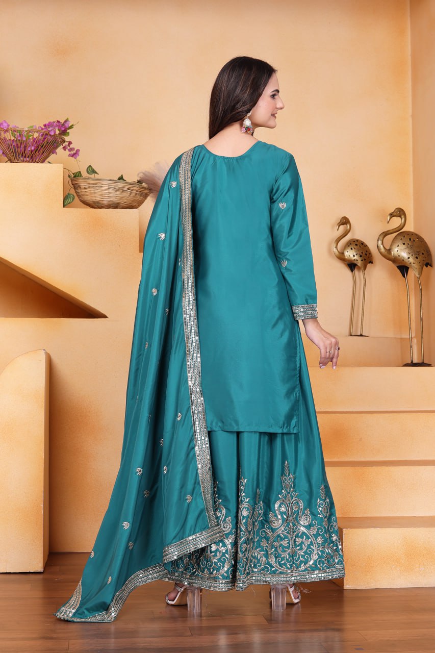 Prazu Fashion Rama Green Crepe Silk Embroidered Sharara Suit | Grocsy