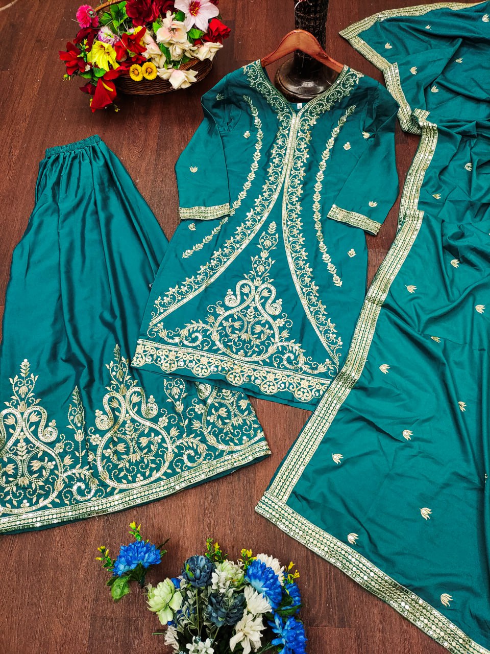 Prazu Fashion Rama Green Crepe Silk Embroidered Sharara Suit | Grocsy