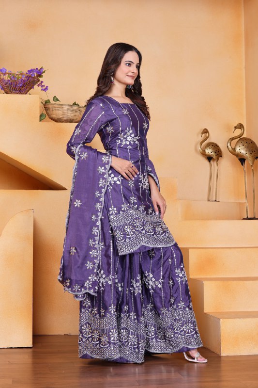 Lehenga Mart Premium Readymade Top Sharara With Dupatta Set For Women-Purple | Grocsy