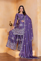 Prazu Fashion Purple Chinon Silk Sequin Embroidered Sharara Suit | Grocsy