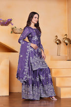 Prazu Fashion Purple Chinon Silk Sequin Embroidered Sharara Suit | Grocsy