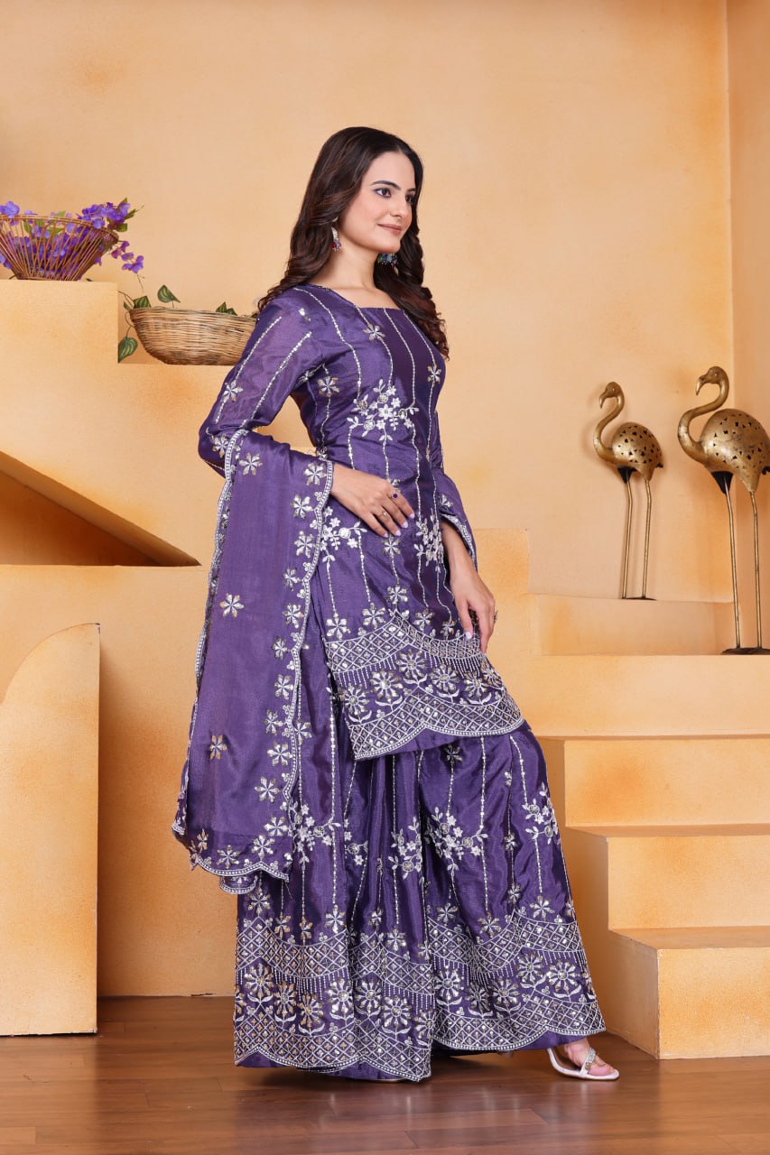 Prazu Fashion Purple Chinon Silk Sequin Embroidered Sharara Suit | Grocsy