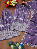 Prazu Fashion Purple Chinon Silk Sequin Embroidered Sharara Suit | Grocsy