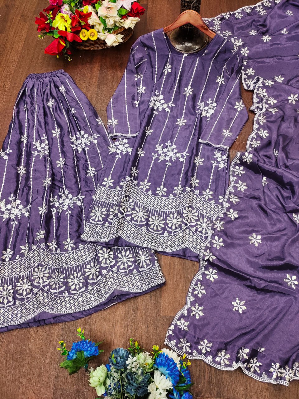 Prazu Fashion Purple Chinon Silk Sequin Embroidered Sharara Suit | Grocsy