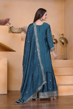 Lehenga Mart Premium Readymade Top Sharara With Dupatta Set For Women-Teal Blue | Grocsy