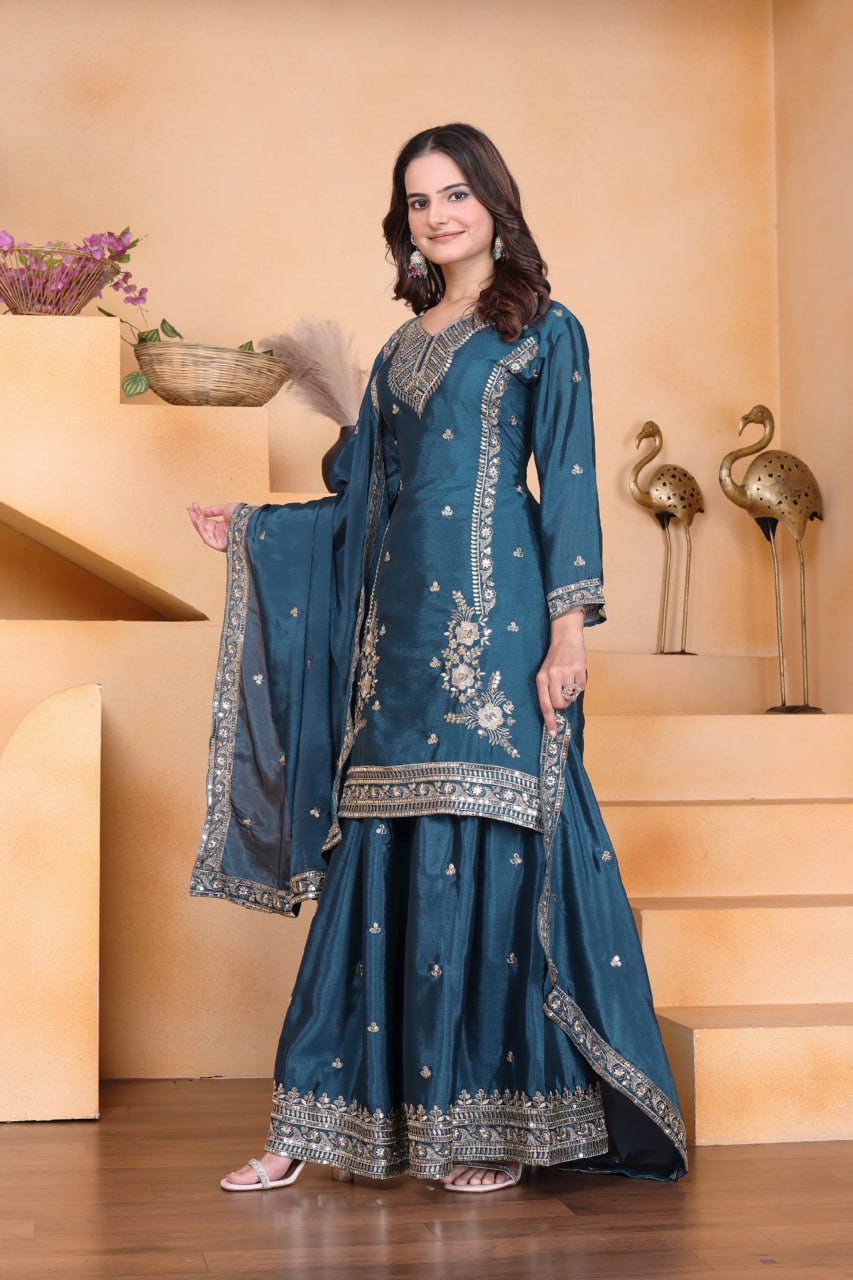 Prazu Fashion Rama Chinon Silk Sequin Embroidered Sharara Suit | Grocsy