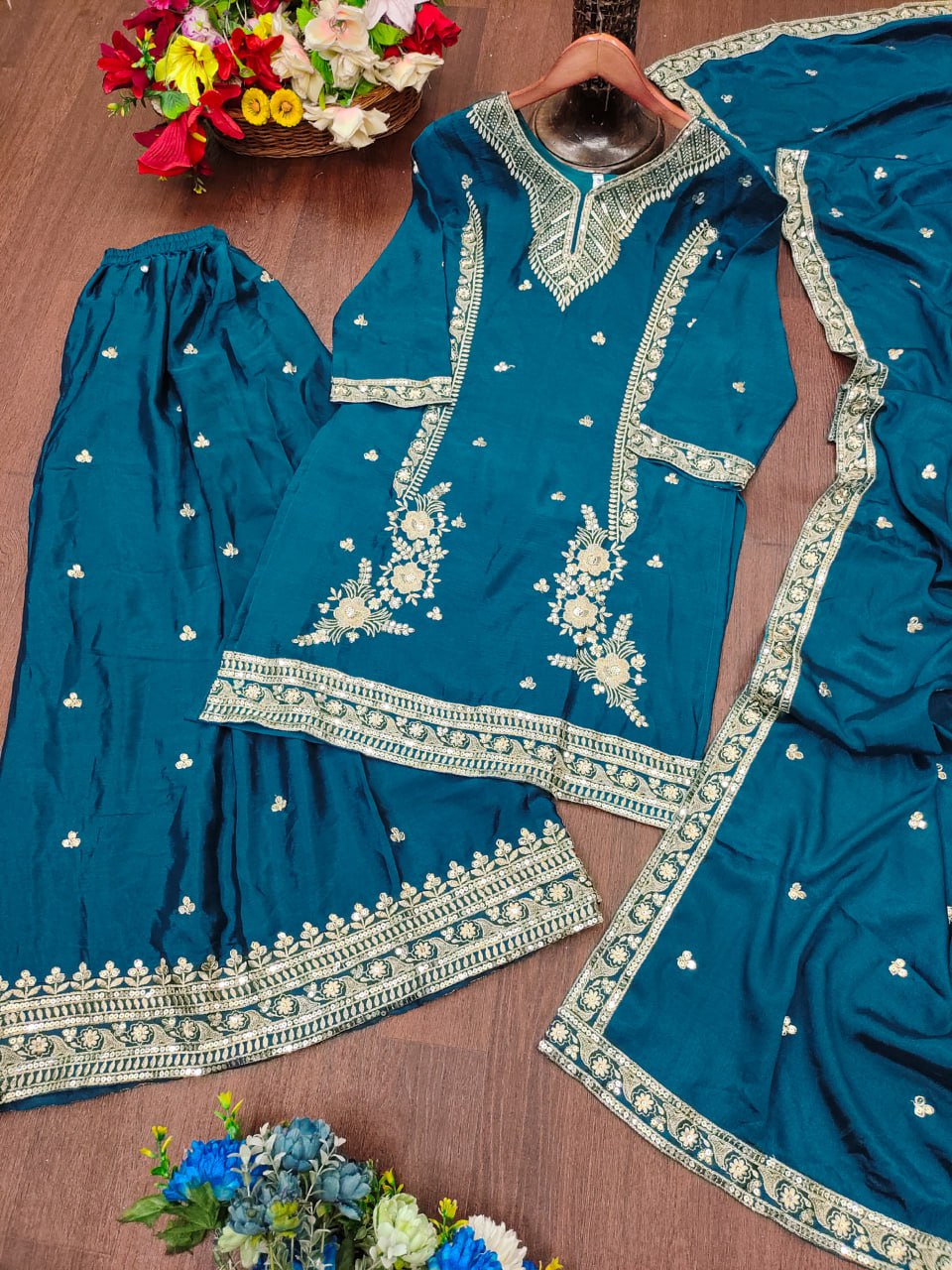 Prazu Fashion Rama Chinon Silk Sequin Embroidered Sharara Suit | Grocsy