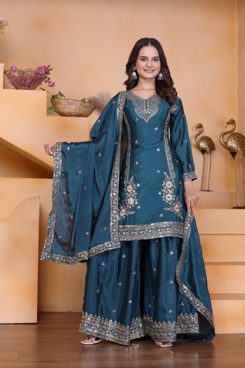 Prazu Fashion Rama Chinon Silk Sequin Embroidered Sharara Suit | Grocsy