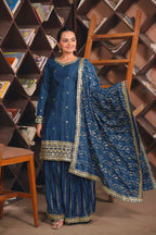 Prazu Fashion Blue Chinon Silk Sequin Embroidered Sharara Suit | Grocsy