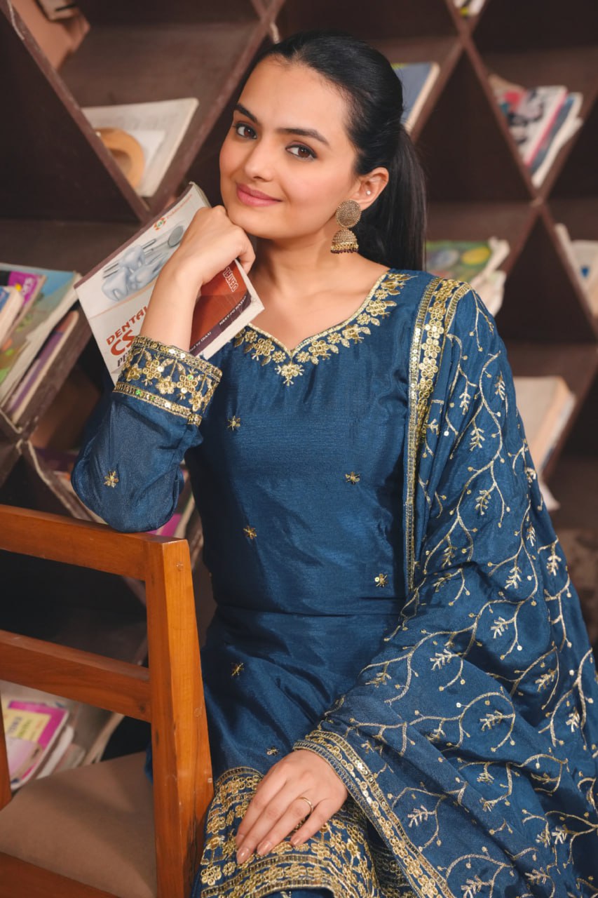 Prazu Fashion Blue Chinon Silk Sequin Embroidered Sharara Suit | Grocsy