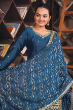 Prazu Fashion Blue Chinon Silk Sequin Embroidered Sharara Suit | Grocsy