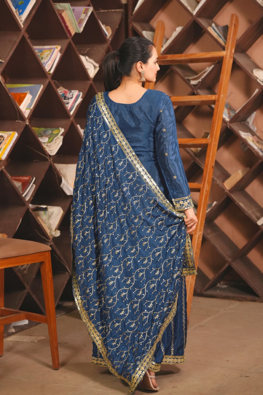 Prazu Fashion Blue Chinon Silk Sequin Embroidered Sharara Suit | Grocsy