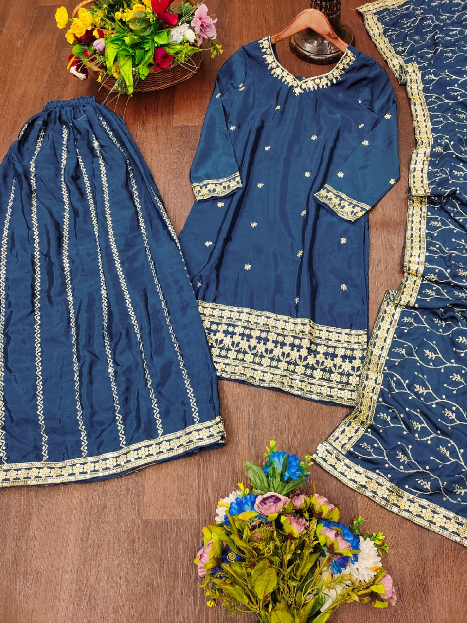 Prazu Fashion Blue Chinon Silk Sequin Embroidered Sharara Suit | Grocsy