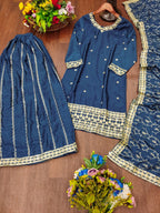 Prazu Fashion Blue Chinon Silk Sequin Embroidered Sharara Suit | Grocsy