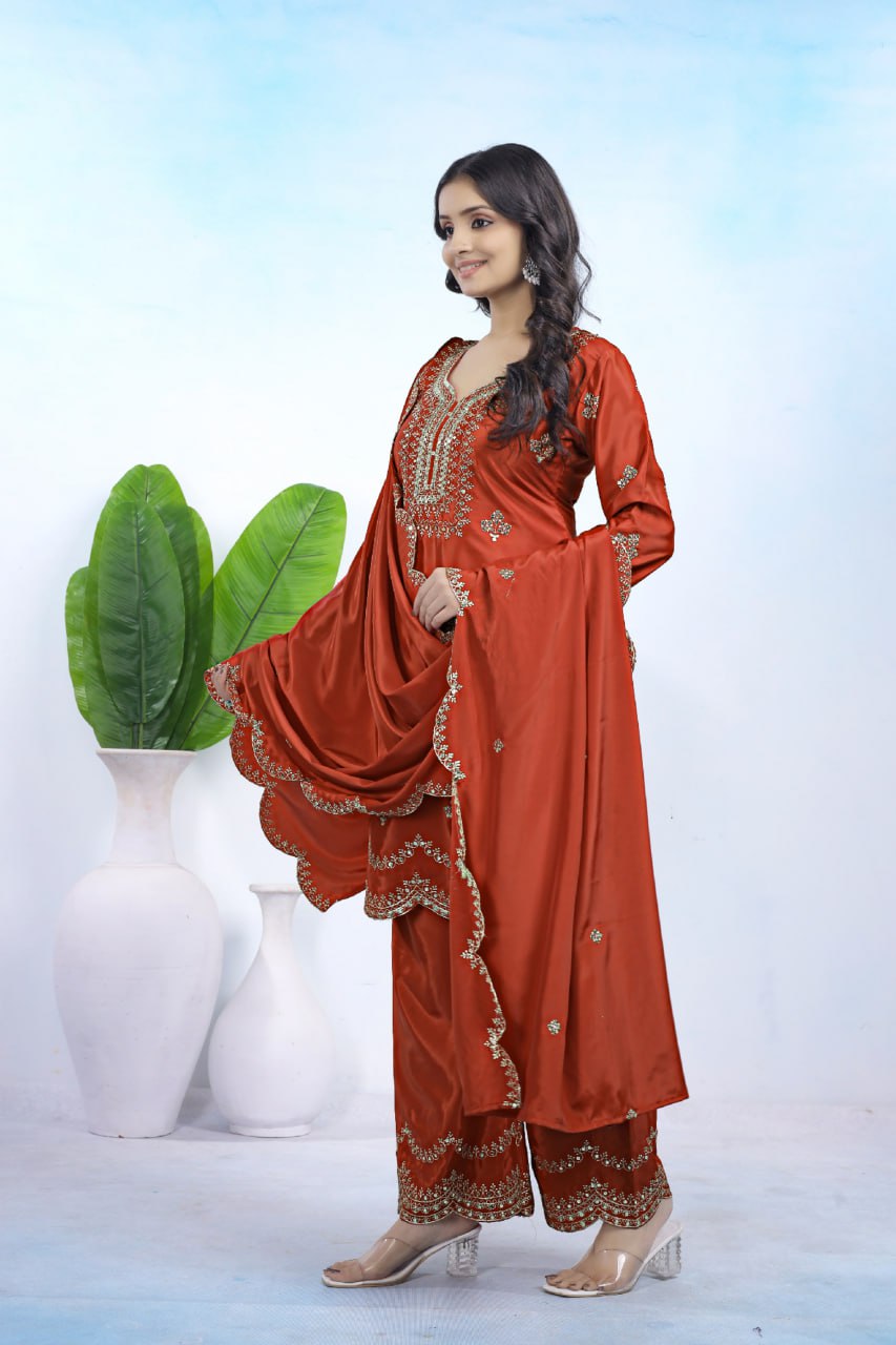 Prazu Fashion Rust Orange Crepe Sequence With Embroidered Salwar Suit | Grocsy