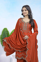 Prazu Fashion Rust Orange Crepe Sequence With Embroidered Salwar Suit | Grocsy