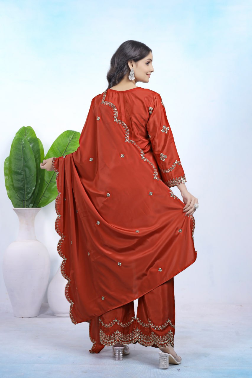 Prazu Fashion Rust Orange Crepe Sequence With Embroidered Salwar Suit | Grocsy