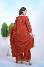 Prazu Fashion Rust Orange Crepe Sequence With Embroidered Salwar Suit | Grocsy