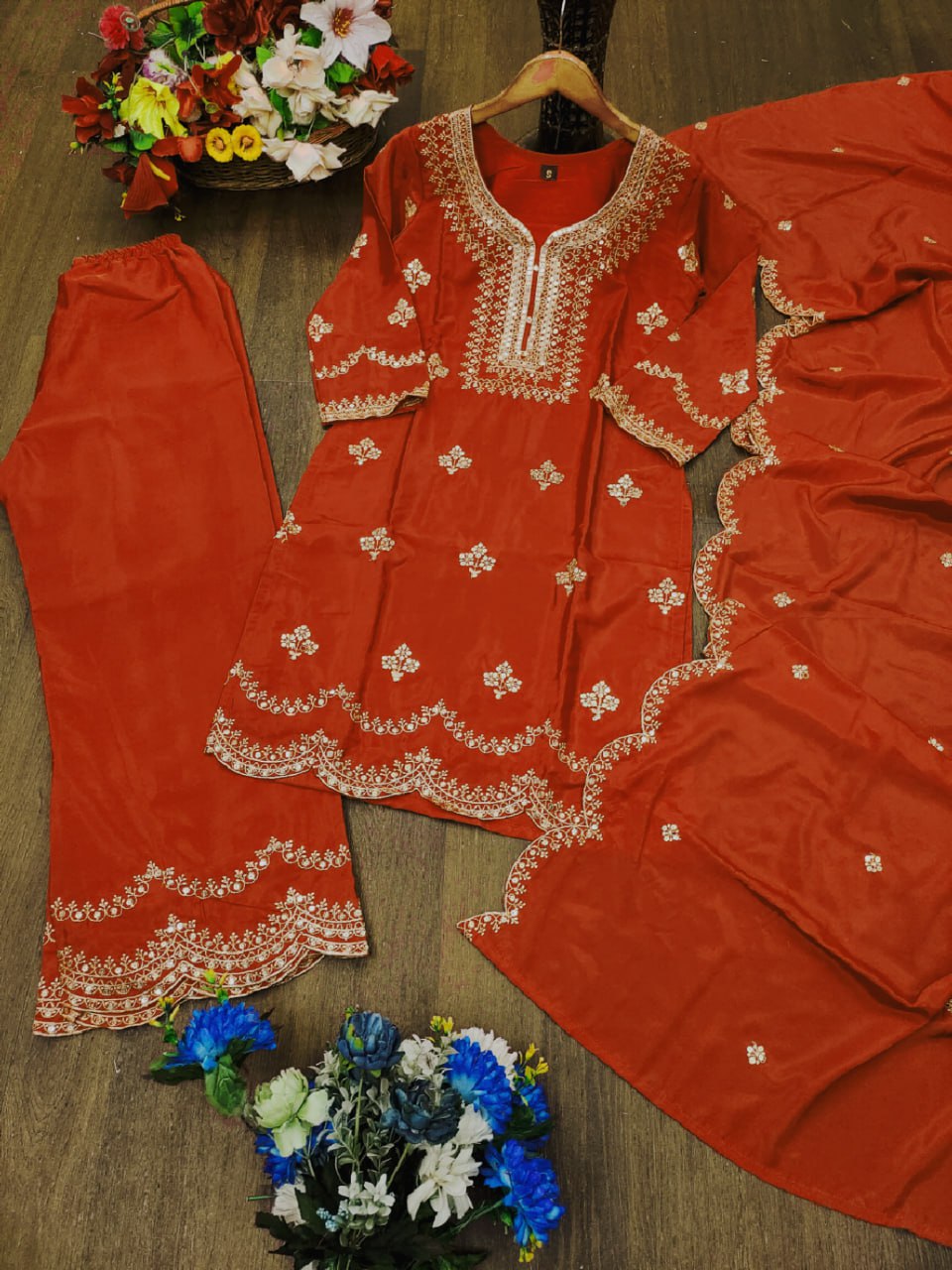 Prazu Fashion Rust Orange Crepe Sequence With Embroidered Salwar Suit | Grocsy