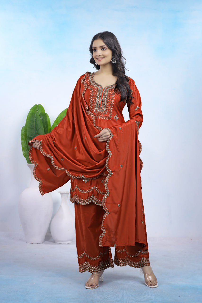 Prazu Fashion Rust Orange Crepe Sequence With Embroidered Salwar Suit | Grocsy