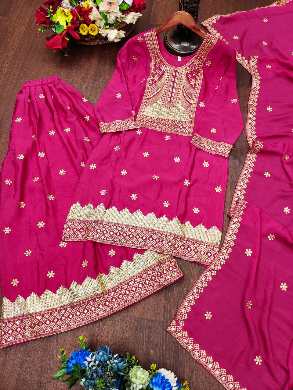 Prazu Fashion Pink Chinon Silk Sequin Embroidered Sharara Suit | Grocsy
