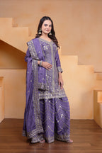 Prazu Fashion Lavender Chinon Silk Sequin Embroidered Sharara Suit | Grocsy