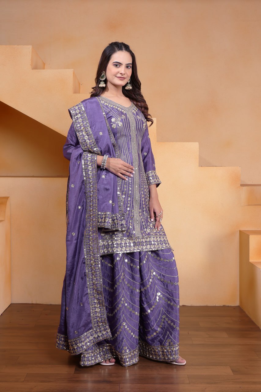 Prazu Fashion Lavender Chinon Silk Sequin Embroidered Sharara Suit | Grocsy