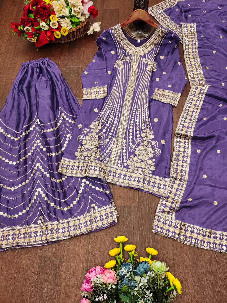 Prazu Fashion Lavender Chinon Silk Sequin Embroidered Sharara Suit | Grocsy