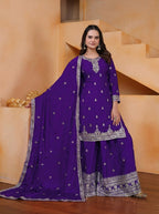 Lehenga Mart Designer Chinnon Embroidered Sharara Suit-Blue | Grocsy