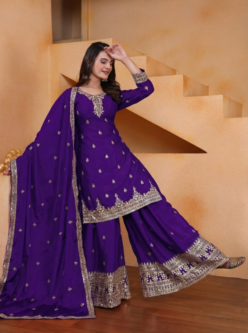 Lehenga Mart Designer Chinnon Embroidered Sharara Suit-Blue | Grocsy