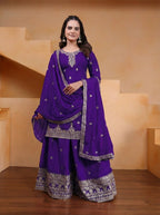 Lehenga Mart Designer Chinnon Embroidered Sharara Suit-Blue | Grocsy