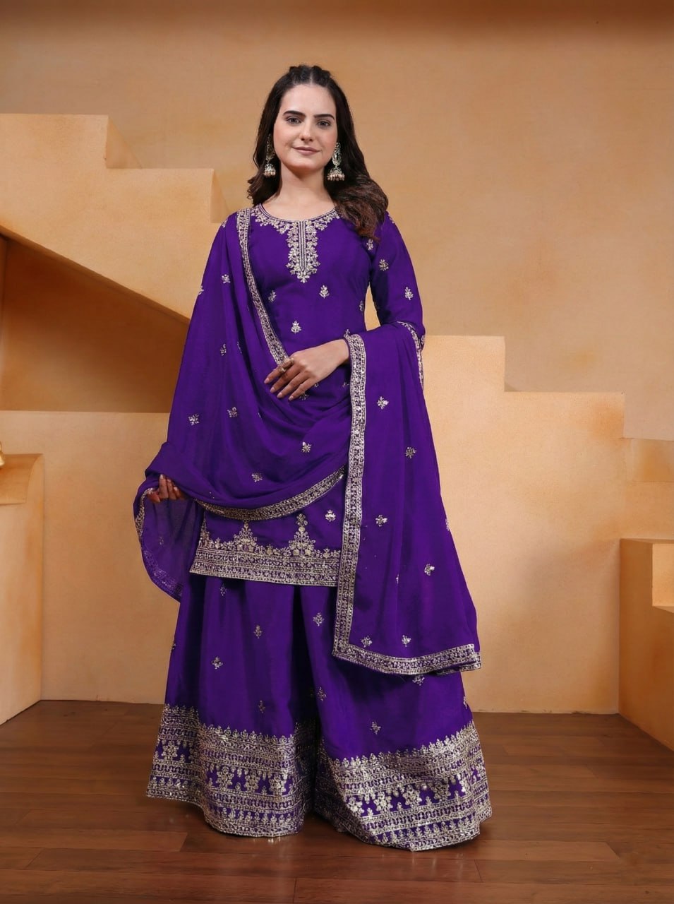 Lehenga Mart Designer Chinnon Embroidered Sharara Suit-Blue | Grocsy