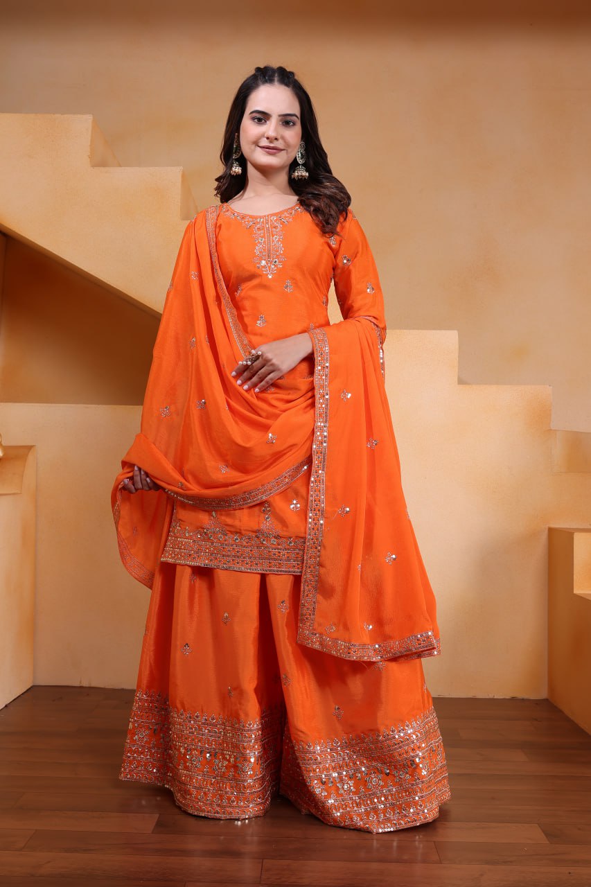 Lehenga Mart Designer Chinnon Embroidered Sharara Suit-Orange | Grocsy