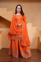 Lehenga Mart Designer Chinnon Embroidered Sharara Suit-Orange | Grocsy