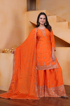 Lehenga Mart Designer Chinnon Embroidered Sharara Suit-Orange | Grocsy