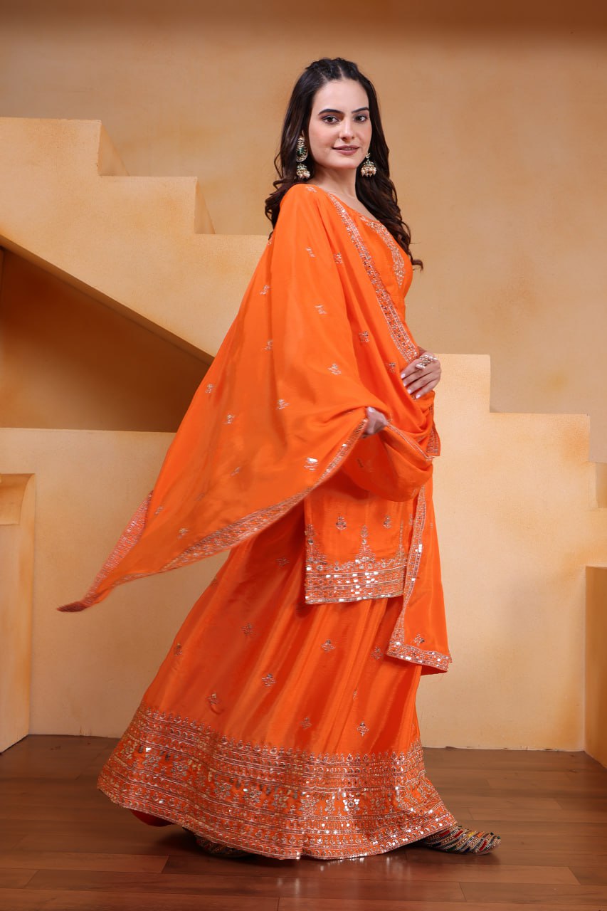 Lehenga Mart Designer Chinnon Embroidered Sharara Suit-Orange | Grocsy