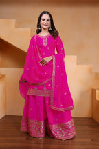 Lehenga Mart Designer Chinnon Embroidered Sharara Suit-Pink | Grocsy