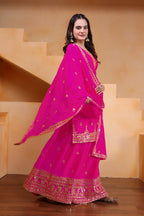 Lehenga Mart Designer Chinnon Embroidered Sharara Suit-Pink | Grocsy