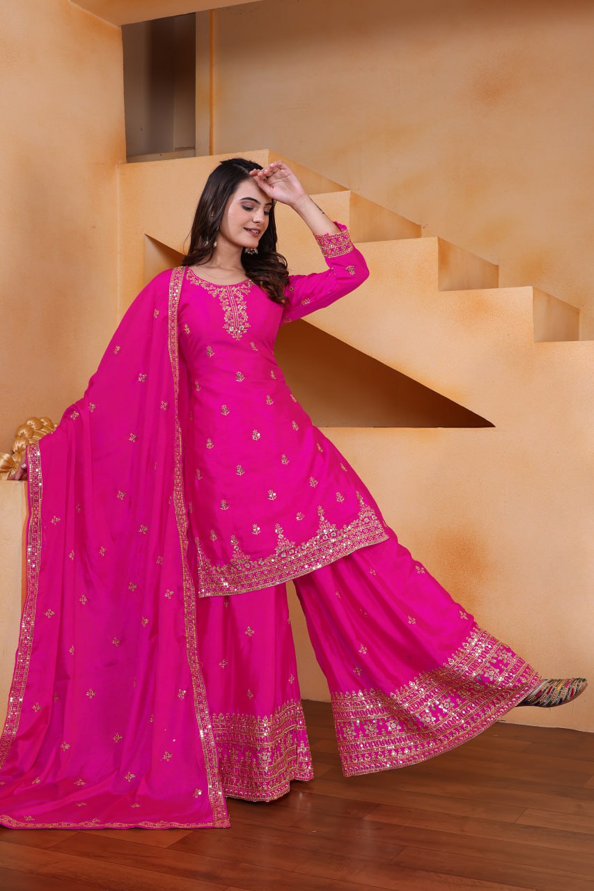Lehenga Mart Designer Chinnon Embroidered Sharara Suit-Pink | Grocsy