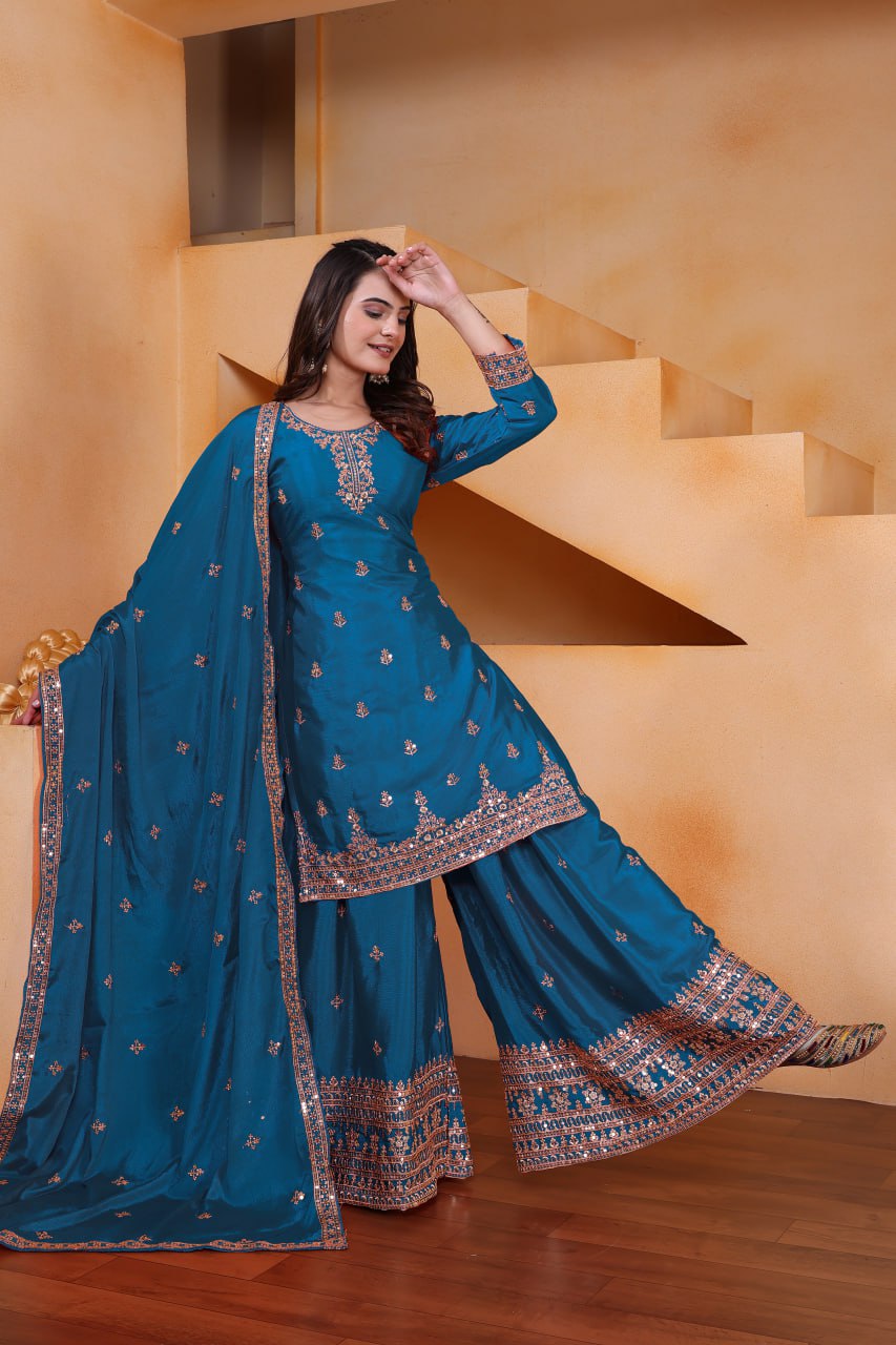 Lehenga Mart Designer Chinnon Embroidered Sharara Suit-Rama | Grocsy