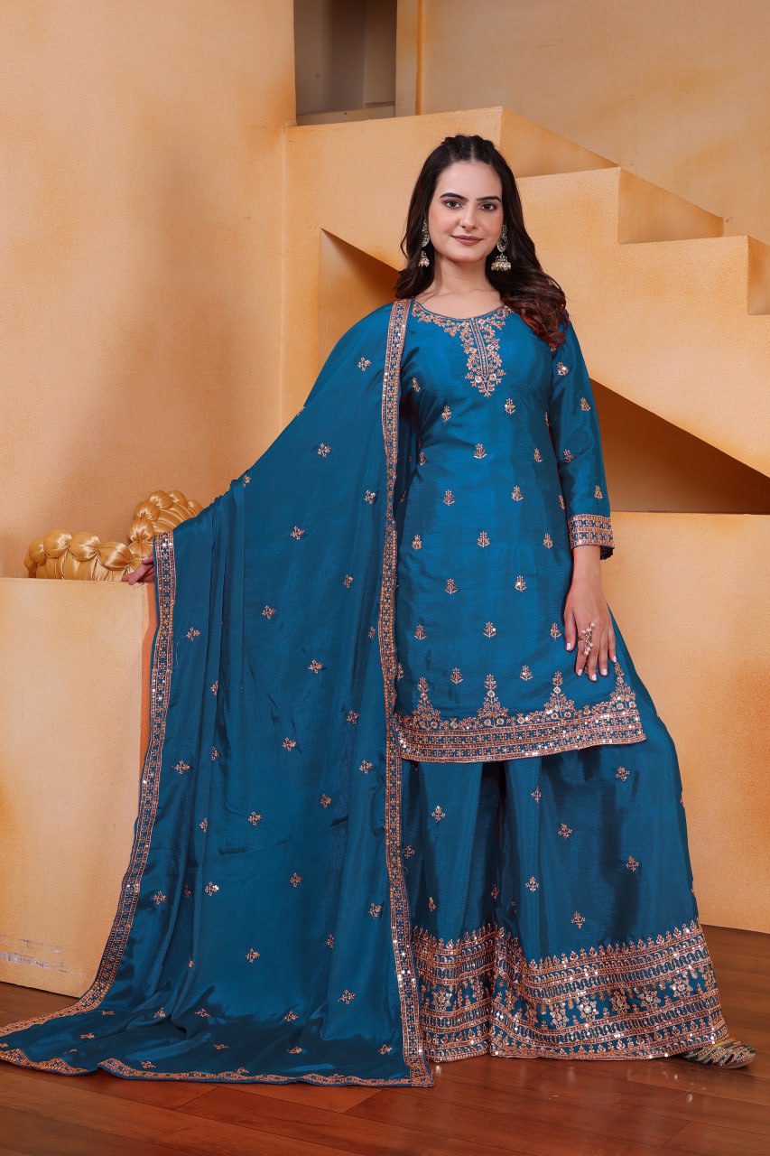 Lehenga Mart Designer Chinnon Embroidered Sharara Suit-Rama | Grocsy